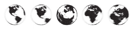 Black and white Earth grain effect globe set composed of big amount of circles. Wrapped World map in round shape. Vector illustration.のイラスト素材