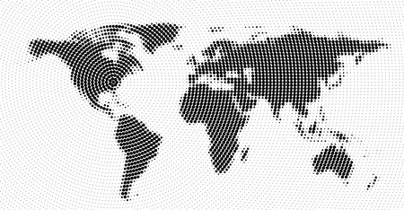 World map blurred rotation halftone. Made for world news and articles. Black circles on white background. Vector illustration.のイラスト素材