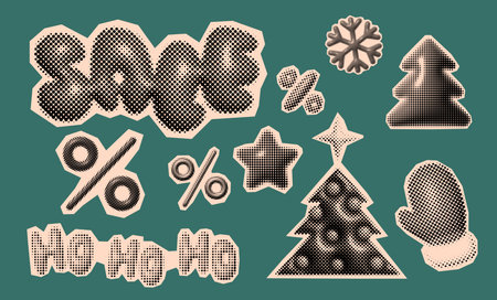 Christmas and New Year trendy halftone icons, collage of vintage 90s style of paper magazine clippings. Composed of big amount of circles. Vector illustrationのイラスト素材