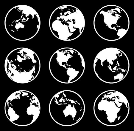 Black and white Earth globe set. Wrapped World map in round shape. Vector illustration.のイラスト素材