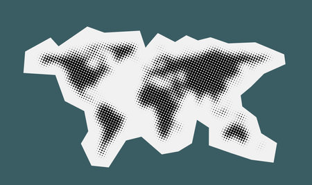 World map halftone, paper magazine clipping. Made for world news and articles. Black circles of different diameter on white background. Vector illustration.のイラスト素材
