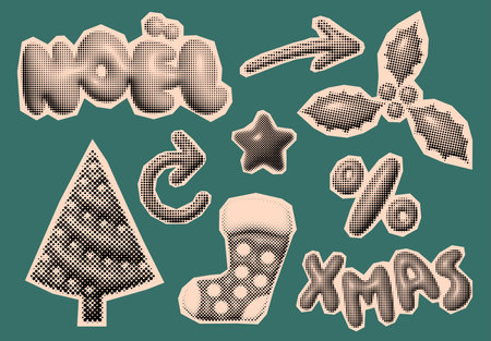 Christmas and New Year trendy halftone icons, collage of vintage 90s style of paper magazine clippings. Composed of big amount of circles. Vector illustrationのイラスト素材