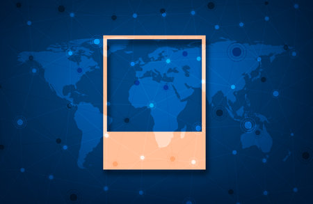 Vintage picture memory card of peach fuzz color on blue world map. Abstract background for flier, poster. Vector illustrationのイラスト素材