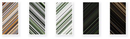 Paper cards with diagonal striped geometric patterns. Thin stripes, green, brown minimal line backgrounds. Vector poster illustration.のイラスト素材
