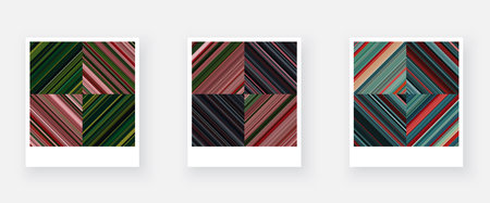 Variants of paper card with square checkered striped geometric patterns. Thin pink, blue, green stripes. Vector textured illustrationのイラスト素材
