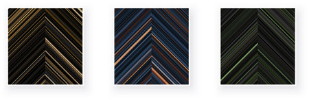 Paper cards with chevron striped geometric detailed patterns. Thin stripes, black, golden minimal line backgrounds. Vector poster illustration.のイラスト素材