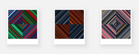 Variants of paper card with square checkered striped geometric patterns. Thin pink, blue, green stripes. Vector textured illustrationのイラスト素材