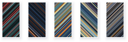 Paper cards with diagonal striped geometric patterns. Thin stripes, blue, brown minimal line backgrounds. Vector poster illustration.のイラスト素材