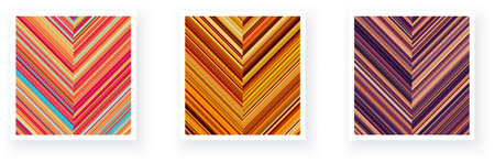 Paper cards with chevron striped geometric detailed patterns. Thin stripes, orange, red, purple minimal line backgrounds. Vector poster illustration.のイラスト素材