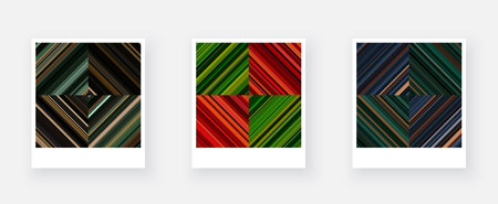 Variants of paper card with square checkered striped geometric patterns. Thin green, red, brown stripes. Vector textured illustrationのイラスト素材