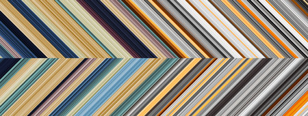 Detailed striped dual geometric pattern composed of big amount of thin orange, grey and blue stripes. Vector textured illustrationのイラスト素材