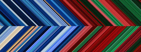 Detailed striped dual geometric pattern composed of big amount of thin green, red and blue stripes. Vector textured illustrationのイラスト素材
