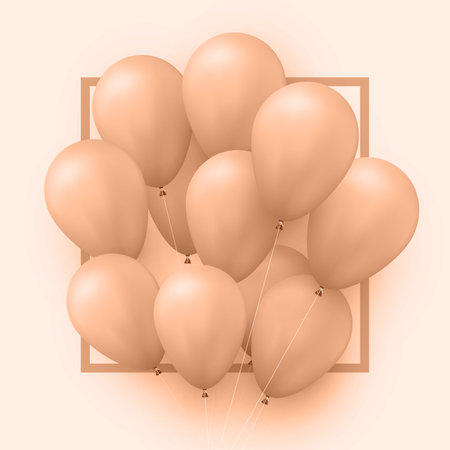 Square frame with peach fuzz color helium balloons. Abstract background for flier, poster. Vector illustrationのイラスト素材