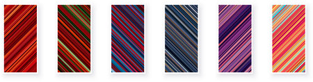 Paper cards with diagonal striped geometric patterns. Thin stripes, red, purple minimal line backgrounds. Vector poster illustration.のイラスト素材
