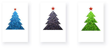 Colorful geometric textured Christmas trees with glittering effect. Merry Christmas and Happy New Year Set of greeting cards, posters, symbols. Vector illustrationのイラスト素材