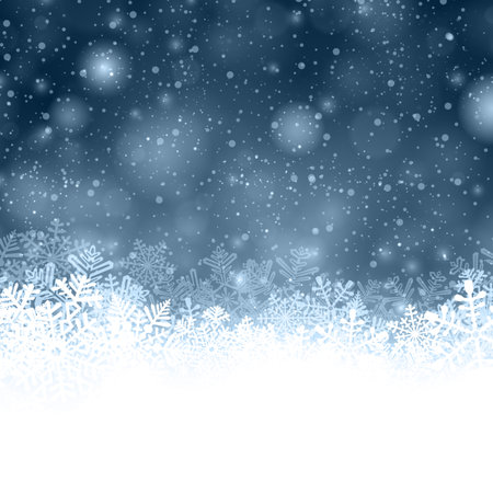 White rough snow banner on blue textured pattern with blurred snowflakes. Merry Christmas and Happy New Year greeting card. Vector illustrationのイラスト素材