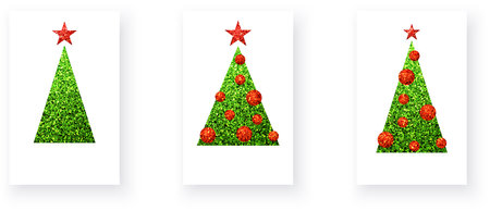Green textured Christmas trees with glittering effect. Merry Christmas and Happy New Year Set of greeting cards, posters, symbols. Vector illustrationのイラスト素材