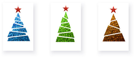 Colorful textured Christmas trees with glittering effect. Merry Christmas and Happy New Year Set of greeting cards, posters, symbols. Vector illustrationのイラスト素材