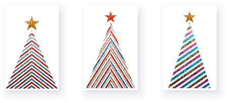 Colorful geometric textured Christmas trees with glittering effect. Merry Christmas and Happy New Year Set of greeting cards, posters, symbols. Vector illustrationのイラスト素材