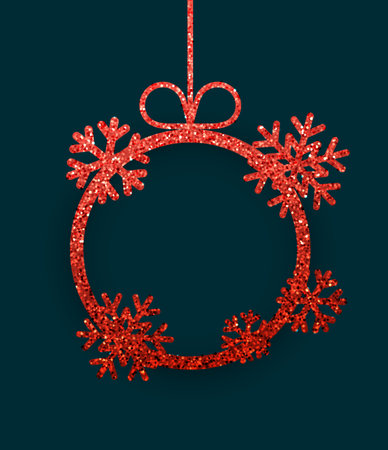 Red textured Christmas ball with snowflakes and glittering effect. Merry Christmas and Happy New Year greeting cards. Vector illustrationのイラスト素材
