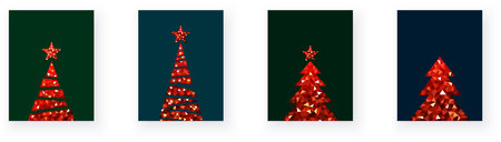 Red polygonal Christmas tree symbols. Merry Christmas and Happy New Year Set of greeting cards, posters, holiday covers. Vector illustrationのイラスト素材