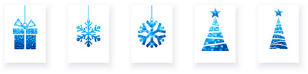 Blue winter polygonal symbols. Merry Christmas and Happy New Year Set of greeting cards, posters, holiday covers. Vector illustrationのイラスト素材