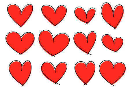 Set of red hearts icons. Hand drawn line art effect, Happy Valentine's day card or banner or letter template. Vector illustration.のイラスト素材