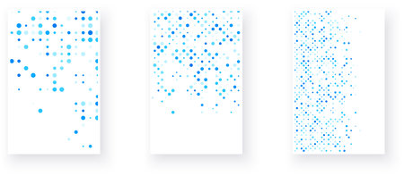 A trio of abstract designs with varying patterns of blue circles, pixelated reminiscent of digital art. Vector illustrationのイラスト素材