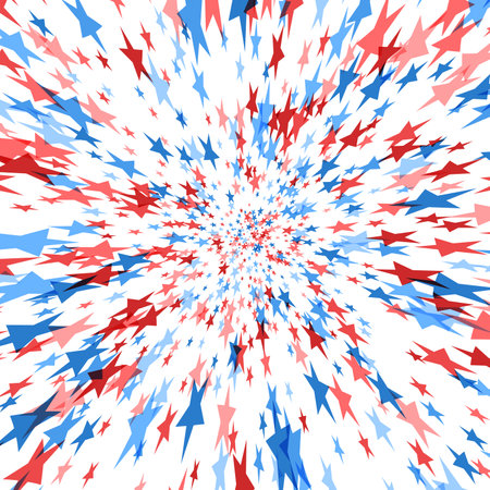 A dynamic explosion of red, white, and blue stars radiating outwards, symbolizing energy and celebration for American festivities.のイラスト素材