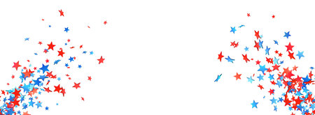 A wide banner with a dispersed scatter of red and blue stars against a white background, evoking a sense of patriotic celebration.のイラスト素材