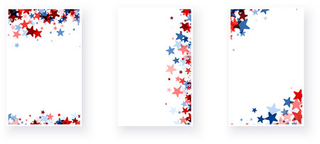 A trio of festive designs with red and blue stars cascading down the page, reminiscent of American patriotism.のイラスト素材