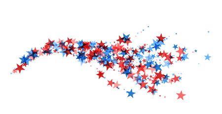 A dynamic swoosh of red and blue stars creates a sense of motion, perfect for themes of American celebration and patriotism.のイラスト素材