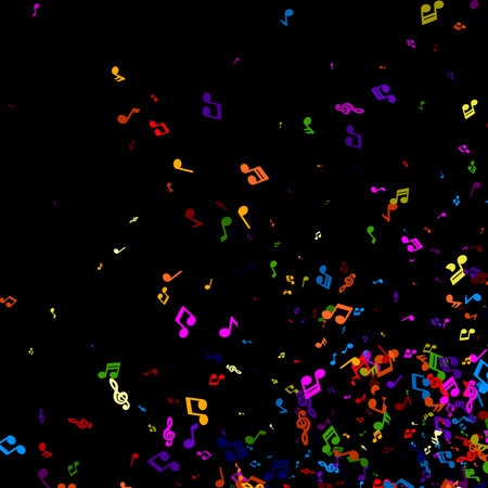 A vibrant explosion of colorful music notes scattered across a deep black background, embodying the joy and energy of music.のイラスト素材