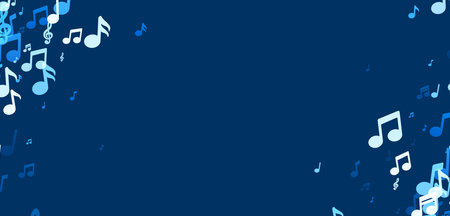 A sweeping cascade of blue music notes descends across a navy backdrop, suggesting the flow of a melodic rhapsody.のイラスト素材