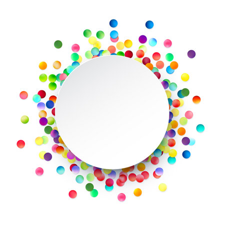 A white circular frame surrounded by a lively array of multicolored dots, perfect for joyful celebrations and vibrant announcements.のイラスト素材