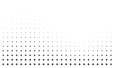 A monochrome gradient of black stars diminishing in size and spacing on a white background, suitable for backgrounds or textures.のイラスト素材