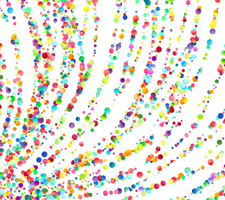 A vivid shower of rainbow-colored bubbles cascading diagonally, creating a lively and effervescent pattern on a white background.のイラスト素材