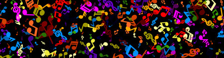 A lively and colorful confetti of music notes spread across a dark background, capturing the celebratory essence of music and festivity.のイラスト素材