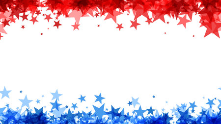 A widescreen banner featuring a dense cluster of red and blue stars forming a celebratory border against a white backdropのイラスト素材