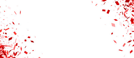 A vivid shower of red confetti pieces, transitioning from dense to sparse, against a pristine white backdrop, evoking a celebratory atmosphereのイラスト素材