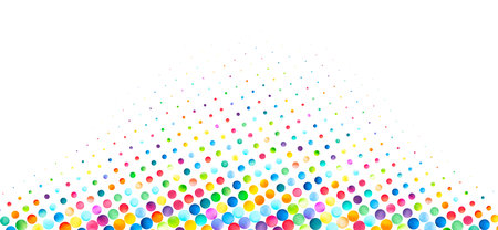 A mesmerizing cascade of colorful bubbles in a gradient formation fades into a white backdrop, ideal for themes of diversity and transition.のイラスト素材