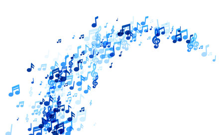 A sweeping wave of blue music notes across a white background, symbolizing the flow and movement inherent in a lively musical composition.のイラスト素材