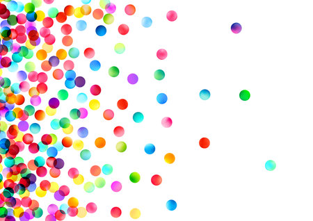 A swirling array of colorful confetti orbs against a crisp white background, depicting the energy and excitement of a celebration.のイラスト素材