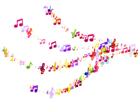A dynamic swirl of colorful music notes floating on a white background, capturing the essence of rhythm and movement in music.のイラスト素材