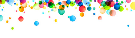 A wide array of brightly colored, translucent spheres floating against a white backdrop, conveying a playful and whimsical air of lightness and joy.のイラスト素材
