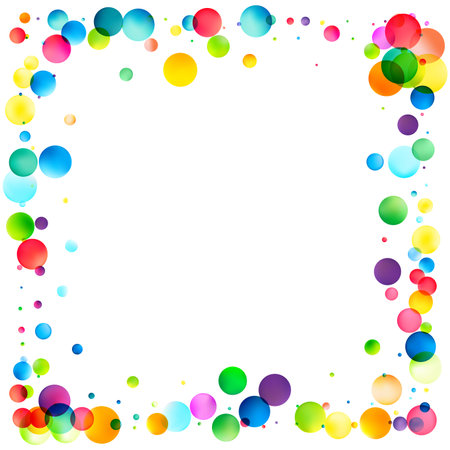 Colorful, translucent bubbles form a lively border around a blank white space, perfect for joyful and light-hearted themes.のイラスト素材