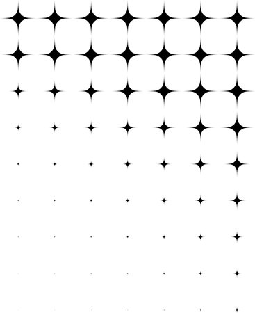 A monochrome gradient of black stars diminishing in size and spacing on a white background, suitable for backgrounds or textures.のイラスト素材