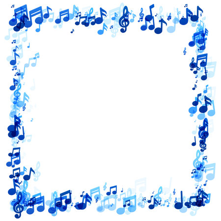 A creative border frame composed of cascading blue musical notes, perfect for adding a melodic touch to messages, invitations, or announcements.のイラスト素材