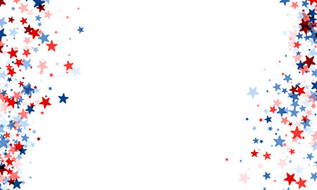 An array of red, white, and blue star-shaped confetti scattered over a white background, symbolizing patriotic celebration.のイラスト素材