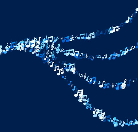 Swirling notes flow like waves across a deep blue backdrop, symbolizing the fluidity and movement of music.のイラスト素材